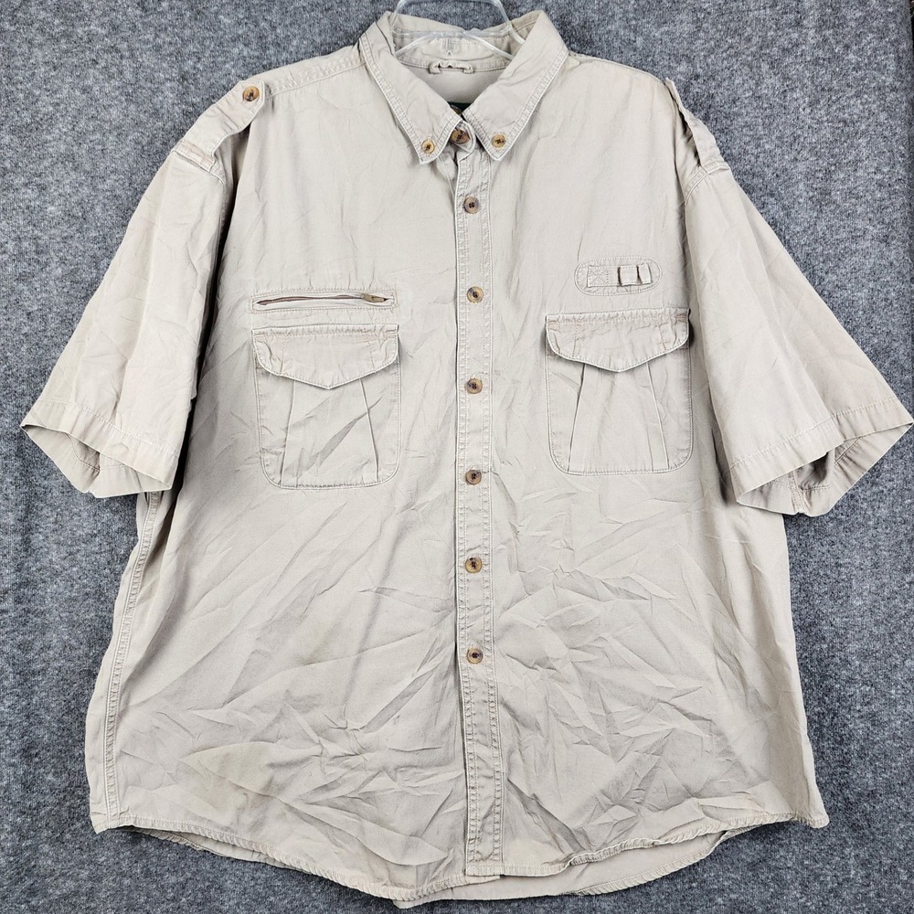 Cabelas Safari Fishing Shirt Mens 2XL‎ Tan Short Sleeve Cotton Utility Button Up